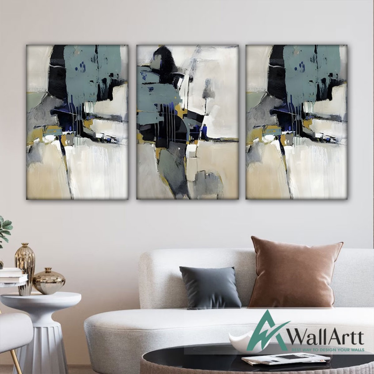 Abstract White & Grey 3 Piece Textured Partial Oil Painting -Wall Art